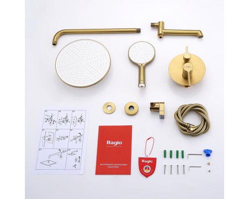 Душевая система Raglo R20.27.03 для ванны и душа встраиваемая на 3 режима излив поворотный 20 см, сатин золотой