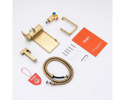 Смеситель Raglo R51.55.03 с гигиеническим душем встраиваемый с полкой и держателем бумаги, сатин золотой