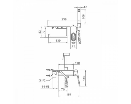 Смеситель Raglo R51.55 с гигиеническим душем встраиваемый с полкой и держателем бумаги, хром