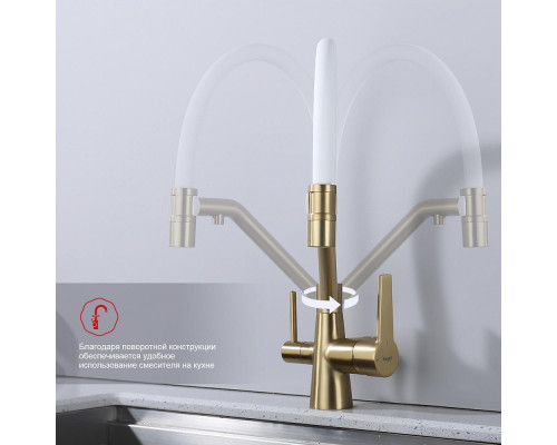 Смеситель Raglo R80.62.03 для кухни с подключением к фильтру съёмный гибкий излив с магнитным фиксатором, сатин золотой