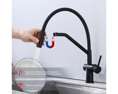 Смеситель Raglo R86.41.06 для кухни съёмный гибкий излив с магнитным фиксатором, черный