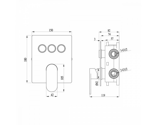 Смеситель Raglo R50.273.03 для ванны и душа встраиваемый на 3 режима (кнопочное управление), сатин золотой