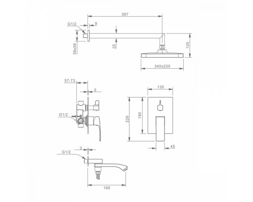 Душевая система Raglo R01.27 для ванны и душа встраиваемая на 3 режима излив поворотный 20 см, хром