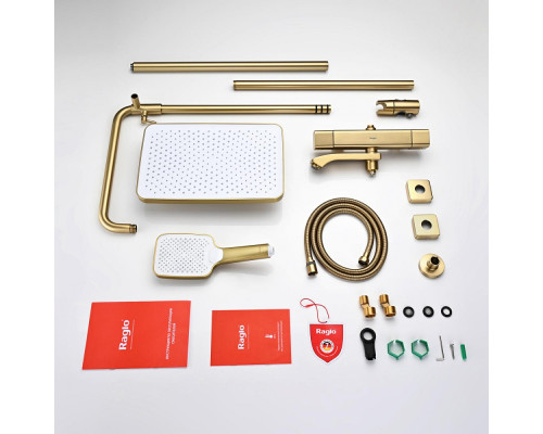 Душевая система Raglo R01.26.03 для ванны и душа с термостатом излив поворотный 15 см, сатин золотой