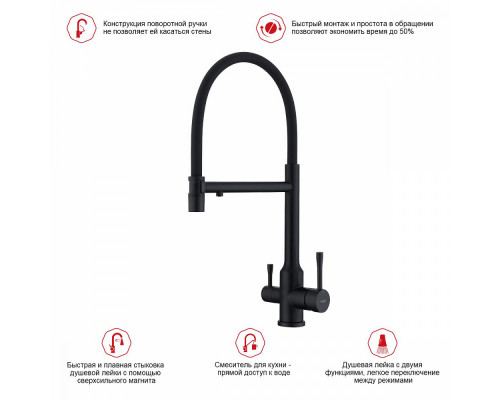 Смеситель Raglo R81.63.06 для кухни с подключением к фильтру съёмный гибкий излив с магнитным фиксатором, черный