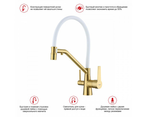 Смеситель Raglo R80.62.03 для кухни с подключением к фильтру съёмный гибкий излив с магнитным фиксатором, сатин золотой