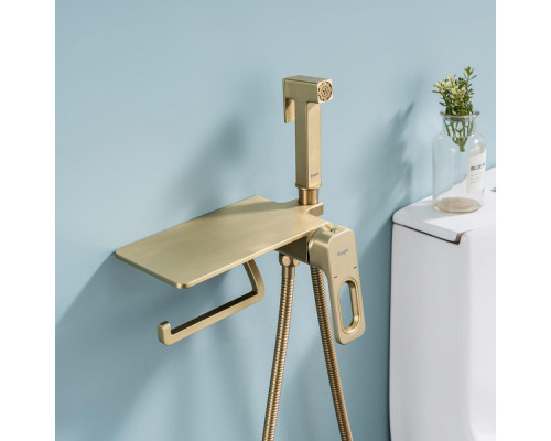 Смеситель Raglo R51.55.03 с гигиеническим душем встраиваемый с полкой и держателем бумаги, сатин золотой