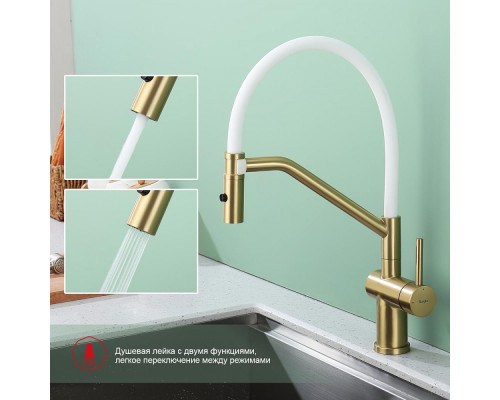 Смеситель Raglo R86.41.03 для кухни съёмный гибкий излив с магнитным фиксатором, сатин золотой