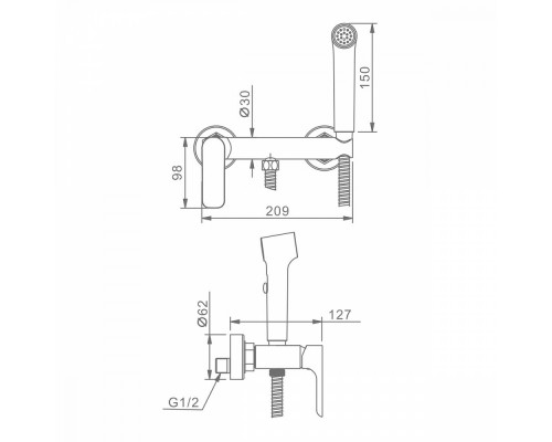 Смеситель Raglo R03.51.06 с гигиеническим душем настенный , черный