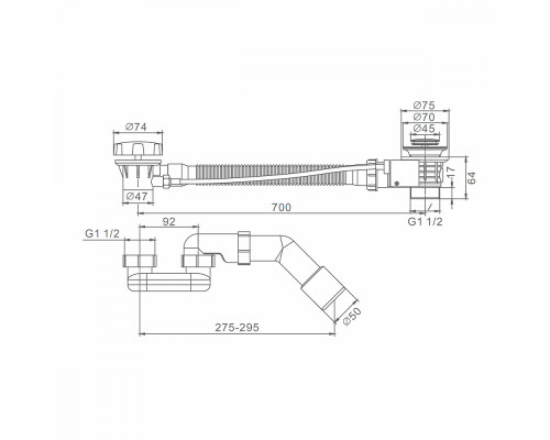 Слив-перелив для ванны Raglo R600.30.09 полуавтоматический (с тросиком), латунь/пластик, графит