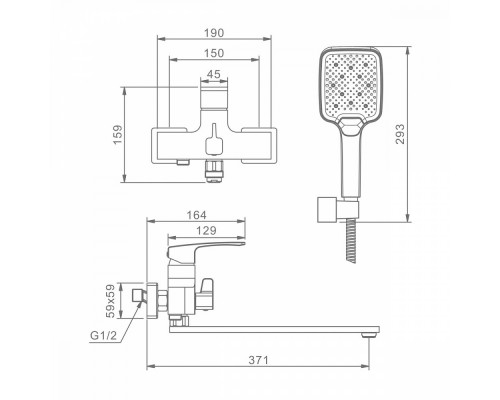 Смеситель Raglo R01.22.09 для ванны и душа универсальный поворотный излив 35 см, графит