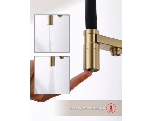 Смеситель Raglo R20.63.03 для кухни с подключением к фильтру съёмный гибкий излив с магнитным фиксатором, сатин золотой