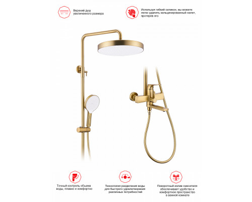 Душевая система Raglo R07.24.03 для ванны и душа излив поворотный 20 см, сатин золотой