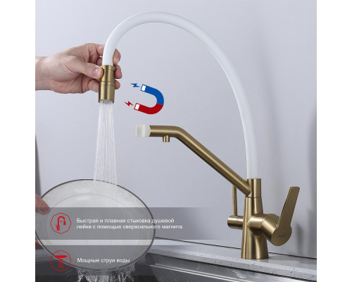 Смеситель Raglo R80.62.03 для кухни с подключением к фильтру съёмный гибкий излив с магнитным фиксатором, сатин золотой