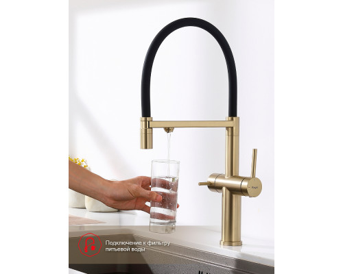 Смеситель Raglo R20.63.03 для кухни с подключением к фильтру съёмный гибкий излив с магнитным фиксатором, сатин золотой