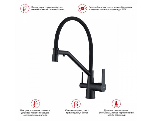 Смеситель Raglo R80.62.06 для кухни с подключением к фильтру съёмный гибкий излив с магнитным фиксатором, черный