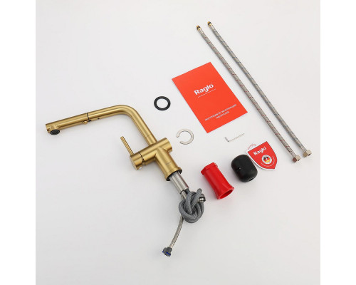 Смеситель Raglo R86.49.03 для кухни с выдвижным изливом, сатин золотой