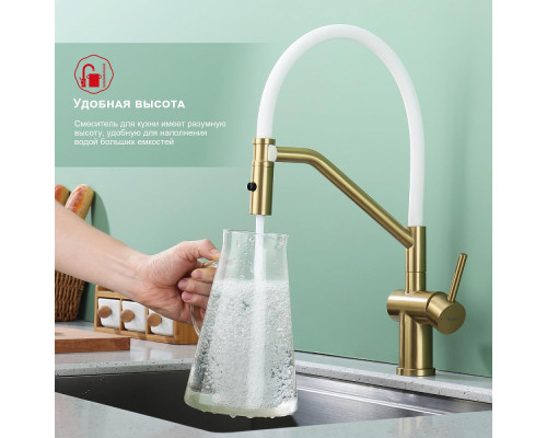 Смеситель Raglo R86.41.03 для кухни съёмный гибкий излив с магнитным фиксатором, сатин золотой