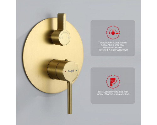 Душевая система Raglo R20.27.03 для ванны и душа встраиваемая на 3 режима излив поворотный 20 см, сатин золотой