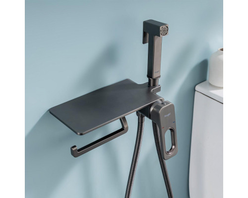 Смеситель Raglo R51.55.09 с гигиеническим душем встраиваемый с полкой и держателем бумаги, графит