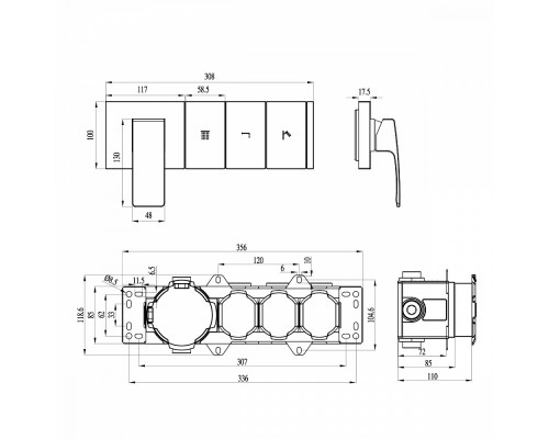 Смеситель Raglo R02.273.09 для ванны и душа встраиваемый на 3 режима (кнопочное управление), графит