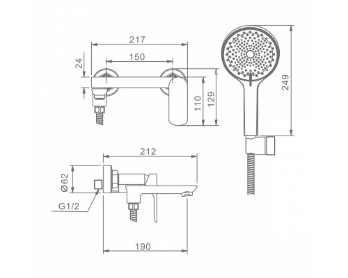 Смеситель Raglo R03.30.09 для ванны и душа настенный излив поворотный 15 см, графит