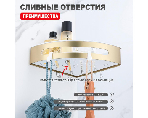 Полка для ванны и душа Raglo R340.01.03 угловая с крючками,сатин золотой