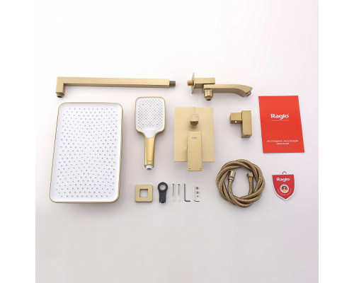 Душевая система Raglo R01.27.03 для ванны и душа встраиваемая на 3 режима излив поворотный 20 см, сатин золотой