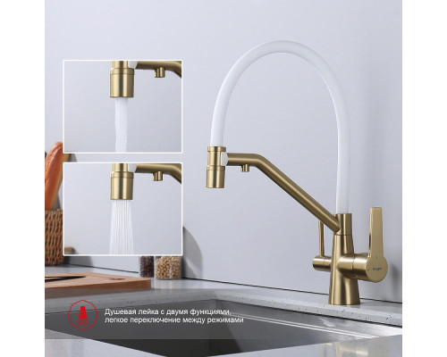 Смеситель Raglo R80.62.03 для кухни с подключением к фильтру съёмный гибкий излив с магнитным фиксатором, сатин золотой