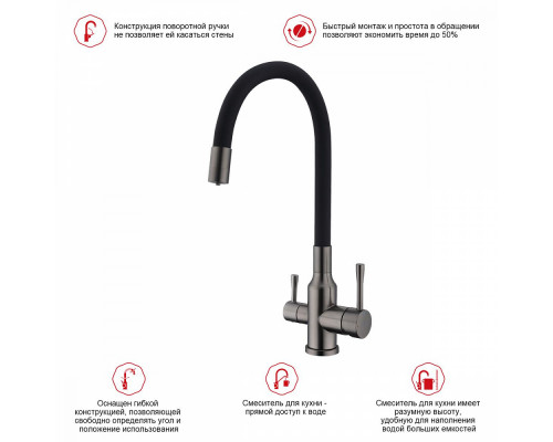 Смеситель Raglo R81.64.09 для кухни с подключением к фильтру излив гибкий поворотный, графит