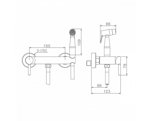 Смеситель Raglo R20.51.05 с гигиеническим душем настенный , сатин