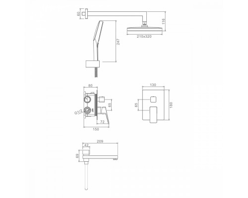 Душевая система Raglo R30.27 для ванны и душа встраиваемая на 3 режима излив поворотный 20 см, хром