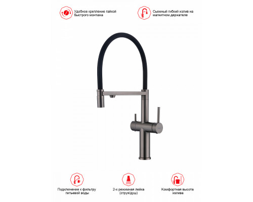 Смеситель Raglo R20.63.09 для кухни с подключением к фильтру съёмный гибкий излив с магнитным фиксатором, графит