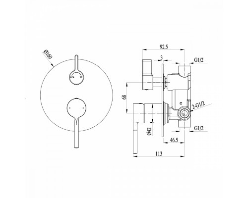 Смеситель Raglo R20.272 для ванны и душа встраиваемый на 2 режима , хром