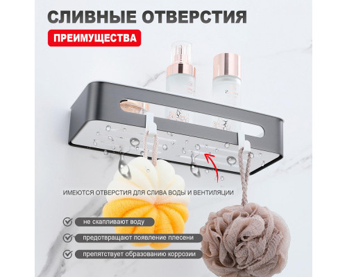 Полка для ванны и душа Raglo R340.02.09 прямая с крючками,графит