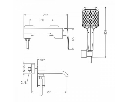 Смеситель Raglo R02.30.06 для ванны и душа настенный излив поворотный 15 см, черный