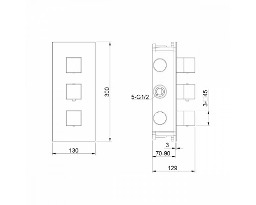 Смеситель Raglo R02.263 для ванны и душа встраиваемый с термостатом на 3 режима, хром