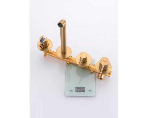 Смеситель Raglo R20.32.03 для ванны и душа встраиваемый излив монолитный 20 см, сатин золотой