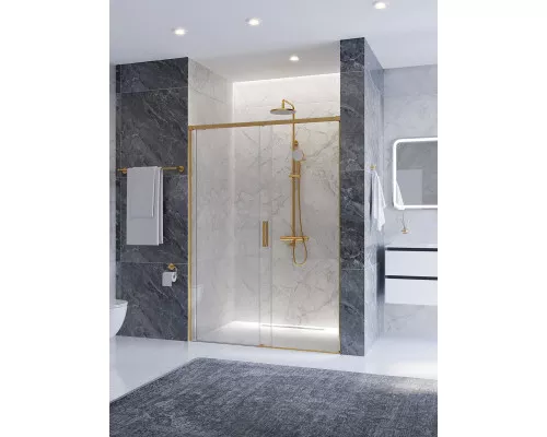 Душевая дверь CEZARES PLANE-BF-1-130-C-BORO, 130х195, профиль брашированное золото, стекло прозрачное