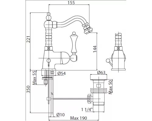 Смеситель для биде с донным клапаном CEZARES MARGOT-BSM2-NOP