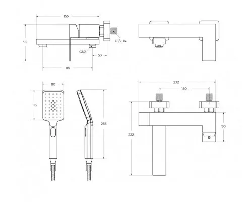 Смеситель для ванны и душа в комплекте с ручным душем, шлангом и держателем CEZARES SLIDER-VD-IN