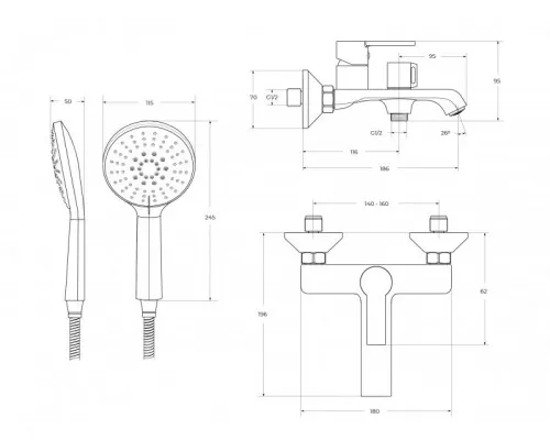 Смеситель для ванны и душа в комплекте с ручным душем, шлангом и держателем BelBagno AURORA-VASM-CRM