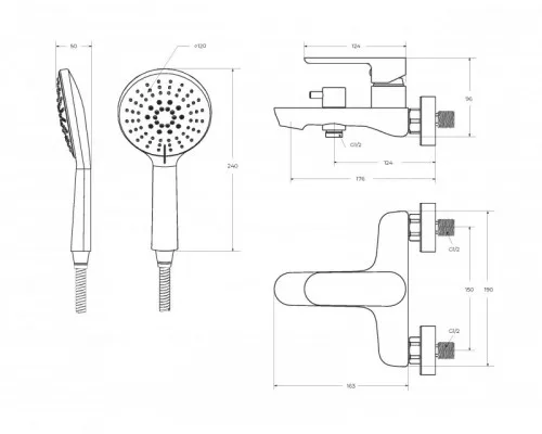 Смеситель для ванны и душа в комплекте с ручным душем, шлангом и держателем CEZARES STYLUS-VD-IN