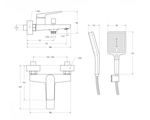 Смеситель для ванны и душа в комплекте с ручным душем, шлангом и держателем BelBagno ARDENTE-VASM-CRM