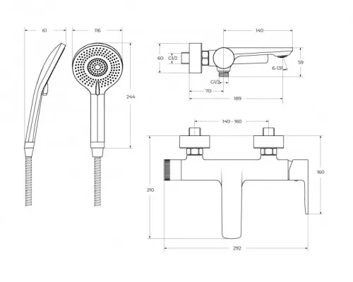 Смеситель для ванны и душа в комплекте с ручным душем, шлангом и держателем CEZARES LUX-VD-01