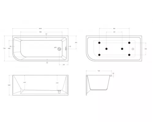 Акриловая ванна BelBagno BB712-1600-730-R 160x73 см, правая, пристенная, белая, асимметричная, на ножках, со сливом-переливом, с донным клапаном
