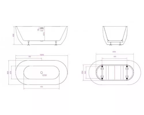 Отдельностоящая овальная акриловая ванна в комплекте со сливом-переливом BelBagno BB70-1500-800-W/NM