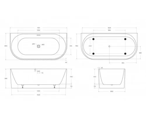 Пристенная, полукруглая акриловая ванна в комплекте со сливом-переливом BelBagno BB713-1700-800-MATT матовая
