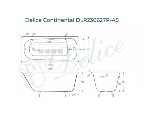 Ванна чугунная Delice Continental 180х80 с отверстиями под ручки и антискользящим покрытием DLR230627R-AS