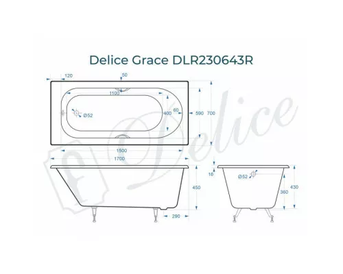 Ванна чугунная Delice Grace 170х70 с отверстиями под ручки DLR230643R